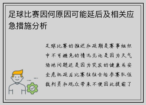 足球比赛因何原因可能延后及相关应急措施分析