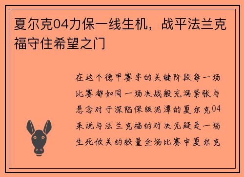 夏尔克04力保一线生机，战平法兰克福守住希望之门