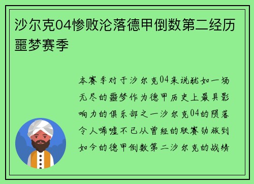 沙尔克04惨败沦落德甲倒数第二经历噩梦赛季