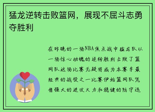 猛龙逆转击败篮网，展现不屈斗志勇夺胜利