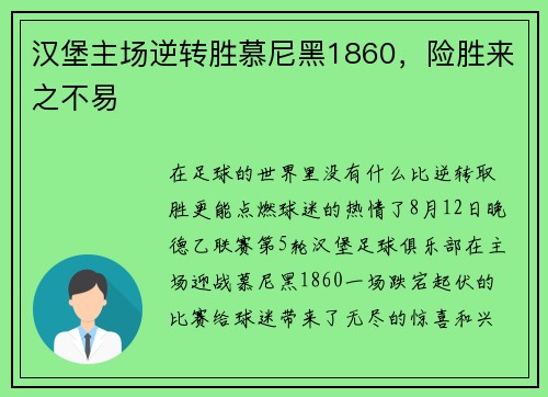 汉堡主场逆转胜慕尼黑1860，险胜来之不易