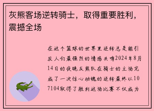 灰熊客场逆转骑士，取得重要胜利，震撼全场