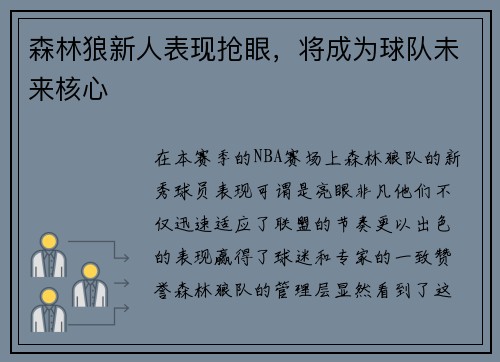 森林狼新人表现抢眼，将成为球队未来核心