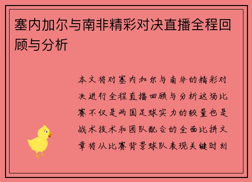 塞内加尔与南非精彩对决直播全程回顾与分析