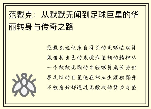 范戴克：从默默无闻到足球巨星的华丽转身与传奇之路