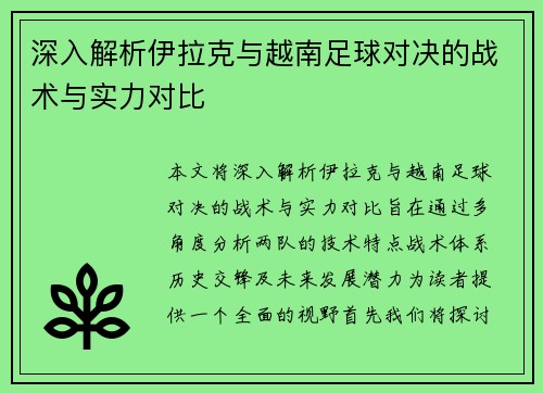 深入解析伊拉克与越南足球对决的战术与实力对比