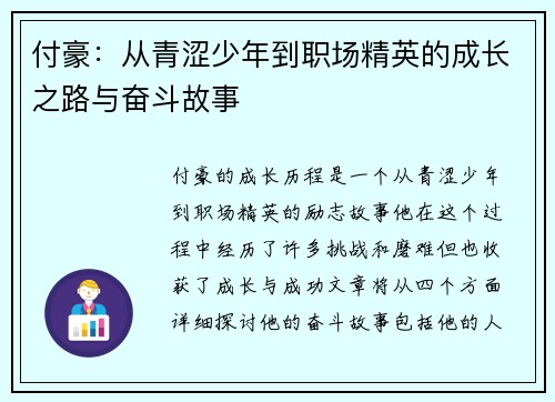 付豪：从青涩少年到职场精英的成长之路与奋斗故事