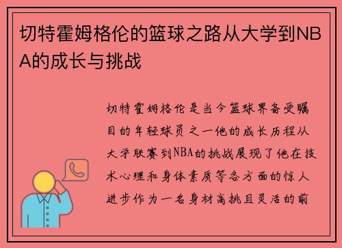 切特霍姆格伦的篮球之路从大学到NBA的成长与挑战