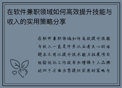 在软件兼职领域如何高效提升技能与收入的实用策略分享