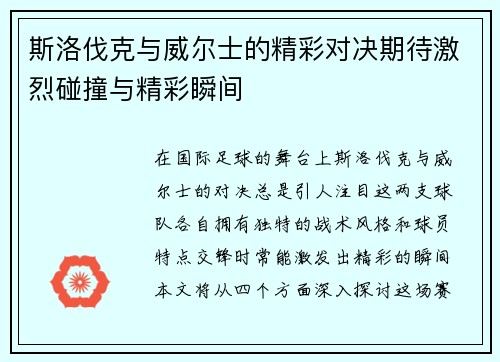 斯洛伐克与威尔士的精彩对决期待激烈碰撞与精彩瞬间
