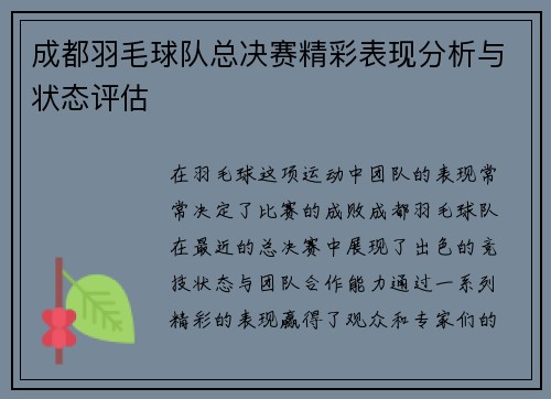 成都羽毛球队总决赛精彩表现分析与状态评估