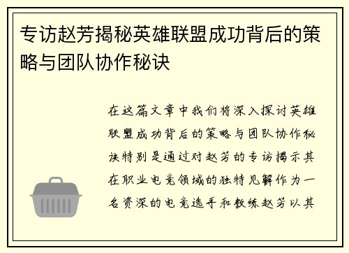 专访赵芳揭秘英雄联盟成功背后的策略与团队协作秘诀