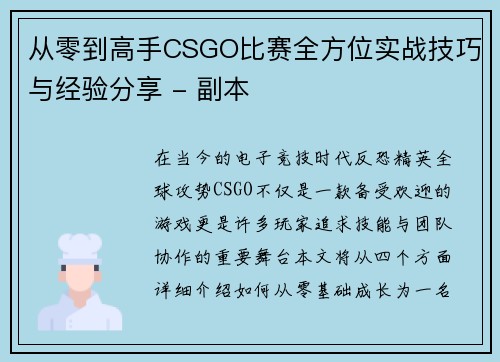 从零到高手CSGO比赛全方位实战技巧与经验分享 - 副本