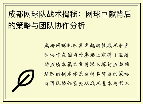 成都网球队战术揭秘：网球巨献背后的策略与团队协作分析