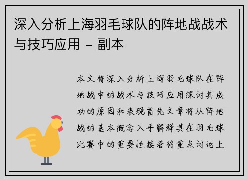 深入分析上海羽毛球队的阵地战战术与技巧应用 - 副本